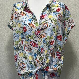Sonoma Woman's button down linen top, beach theme, Large